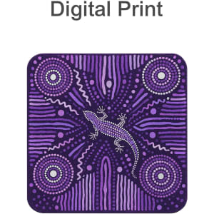 A square diatomaceous coaster featuring a purple digital print with a lizard design and intricate patterns.