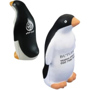 A penguin-shaped stress reliever in black and white, featuring a logo on its side.