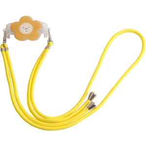 A yellow adjustable phone lanyard with a flower-shaped back clip and dual cords. Features a logo on the clip.