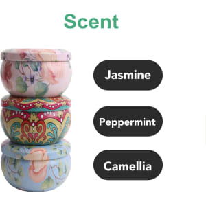 Three decorative tin candles in pastel colours, featuring floral designs, stacked with scents: Jasmine, Peppermint, Camellia.
