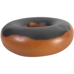 A donut-shaped stress reliever in brown and black, featuring a smooth finish and a branded logo.