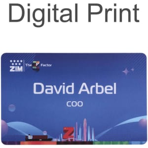A custom PVC name badge featuring blue and purple hues, with a logo and a digital print design.