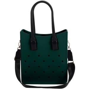 A green EVA tote bag with black handles and a removable strap, featuring holes for ventilation.