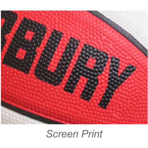 A promotional basketball featuring a textured surface in red and white, with a logo in black text.