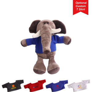 A plush elephant toy in brown, wearing a blue T-shirt, with various other T-shirts displayed beside it.