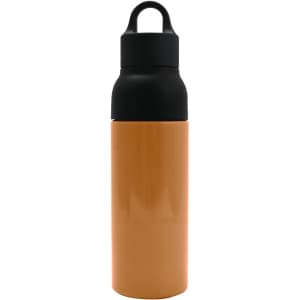 A drink bottle featuring a black lid and a copper body, with a logo prominently displayed.