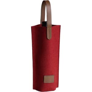 A red felt wine bag with a brown handle and a branded patch. Ideal for carrying a single wine bottle.
