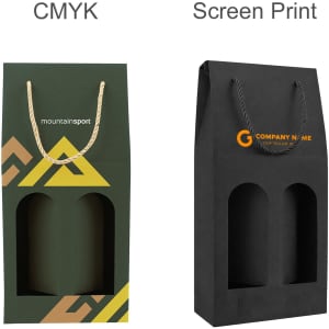 A double bottle wine box in green and black with a rope handle and openings for two bottles, featuring logos.
