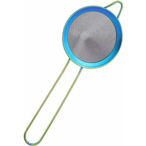 A bar mesh strainer with a metallic blue and green finish, featuring a round mesh sieve and a long handle.