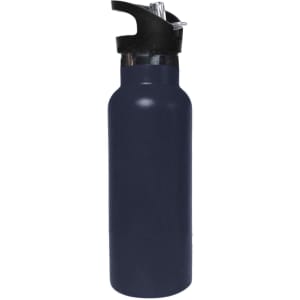 A drink bottle in navy blue with a black flip valve lid. Features a sleek double wall vacuum design and a logo.