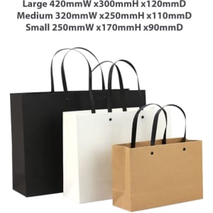 Small crosswise paper bag in brown with a knitted handle, alongside larger black and white bags.