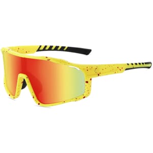 A pair of classic sport glasses in bright yellow with red splatter and mirrored lenses. Features a logo on the side.