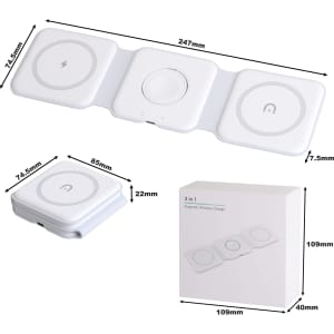 A foldable, white 3-in-1 MagSafe wireless charger with dimensions and a sleek design. It features a logo.