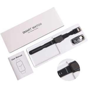 A black square smart band in a white box with a user manual and charging cable. The box features a branding logo.