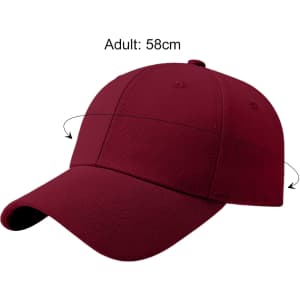 A maroon cotton baseball cap with a hard top and a logo, designed for adults.