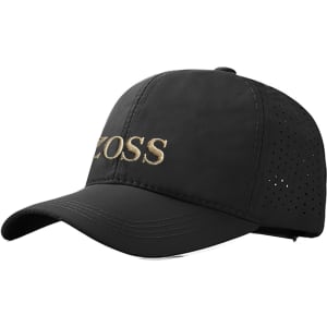 A black quick-drying cap with perforated panels and an embroidered logo on the front.