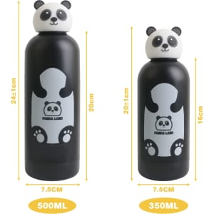 A drink bottle featuring a black body with a panda head cap, available in two sizes: 350ml and 500ml.