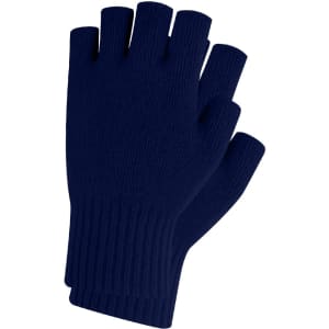 A pair of navy blue knitted fingerless gloves featuring a woven label.