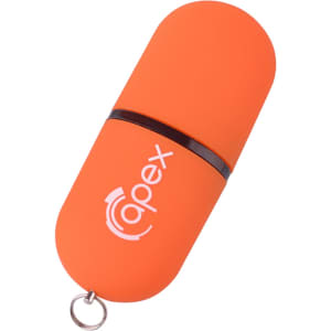 An orange flash drive in a capsule shape with a logo, featuring a keyring attachment.