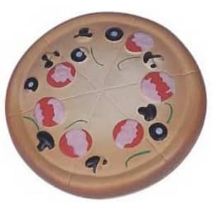 A pizza-shaped stress reliever in brown, featuring toppings like pepperoni, olives, and mushrooms. It has a logo.