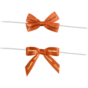 Two orange twist tie bows with text, featuring different styles of ribbon and a white twist tie.