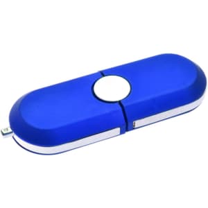 A blue flash drive with a rounded design and a silver accent, featuring a logo on the side.
