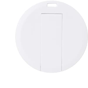 A round white flash drive with a sliding mechanism and a small hole for attaching to keychains.
