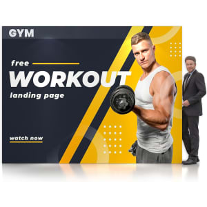 A large promotional display wall featuring a muscular man lifting weights, primarily in black and yellow colours, with branding.
