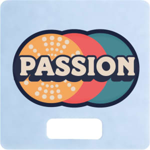 A custom-shaped fan in pastel colours featuring a circular design and the word "PASSION" across the centre.