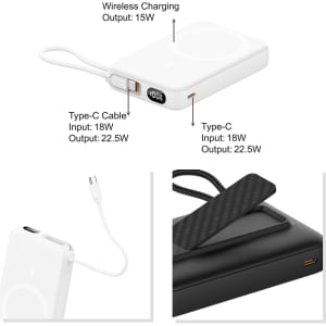 A white 10000mAh magnetic wireless power bank with a built-in charging cable, featuring multiple Type-C ports and a textured surface.
