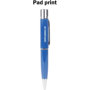 A blue metal pen with a silver clip and a small logo printed on its side.