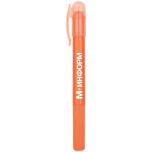An orange highlighter crayon with a clear cap and textured grip, featuring a logo on the body.