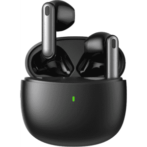 Semi in-ear wireless earbuds in a sleek black charging case, featuring a green LED light and modern design.