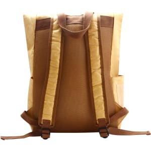 A yellow and brown Tyvek roll top backpack with padded straps and mesh detailing on the back.