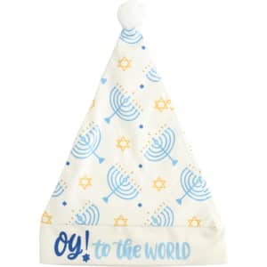 A festive Santa hat featuring blue and yellow designs of menorahs and stars on a white background.