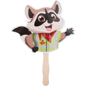 A custom-shaped paper hand fan featuring a smiling raccoon character wearing a safety vest, with a wooden handle.
