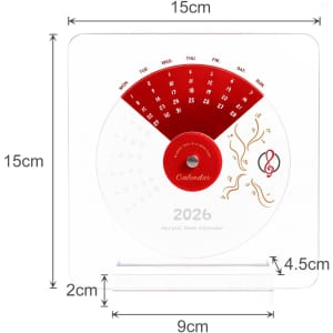 Acrylic desk calendar in white and red with a circular design, displaying days of the week and a decorative motif.