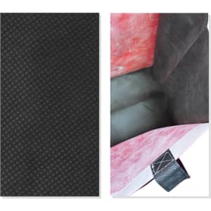 A custom sublimation tote bag featuring a textured black exterior and a pink interior with a logo.