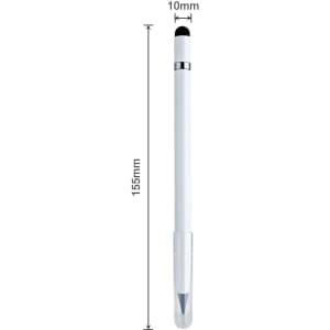 A white 3 in 1 pencil featuring a stylus tip, with a sleek design and a silver accent. It includes a logo.