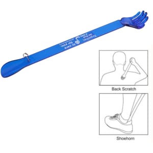 A blue back scratcher and shoehorn product with a hand-shaped end and a smooth handle.