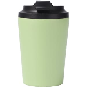 A powder-coated stainless steel coffee mug in a light green colour with a black lid and logo.