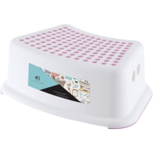 A white step stool with a pink base and a logo on the side, featuring a textured surface for extra grip.
