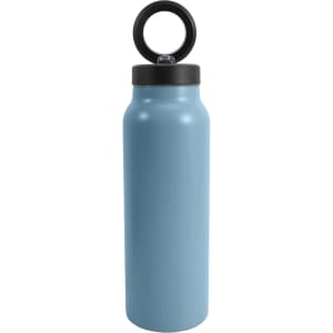A drink bottle in light blue stainless steel with a black lid and a magnetic phone holder. Includes a logo.