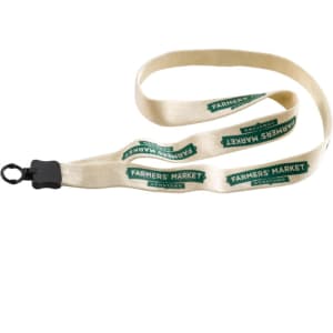 A cotton lanyard in natural colour with a black clip and repeating green branding along the length.