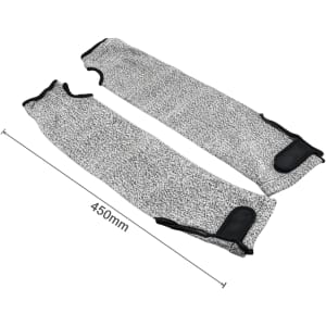 Two grey cut resistant sleeves with black trim, measuring 450mm in length, displayed side by side.