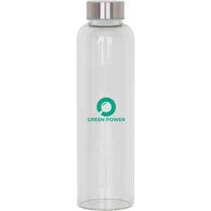 A drink bottle made of clear glass with a stainless steel lid and a green logo. Holds 550ml.