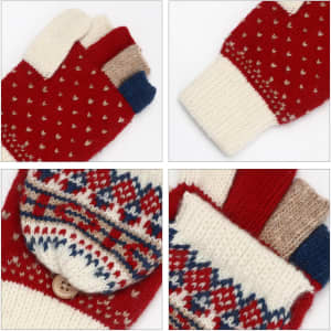 Fingerless gloves with flip cover, featuring a red, cream, and navy design with patterned detailing and a button.