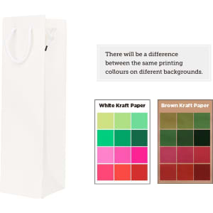 A wine bottle paper bag in white, featuring a logo and handles, with colour options displayed alongside.
