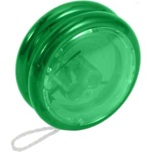 A green yoyo, featuring a transparent design, with a string attached. The product has a branded logo.