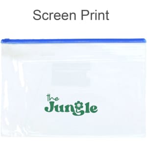 A transparent A4 file bag with a blue zipper and a green logo. Ideal for storing documents.